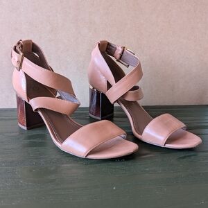Tory Burch Nude Block Heel Sandals with Ankle Strap